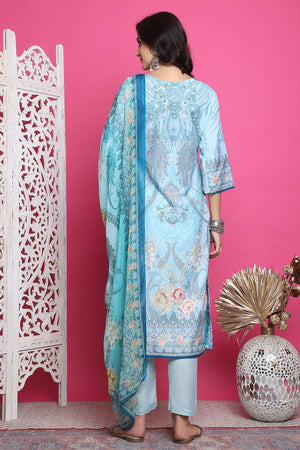Turquoise Satin Digital Printed Kurti Pant Set