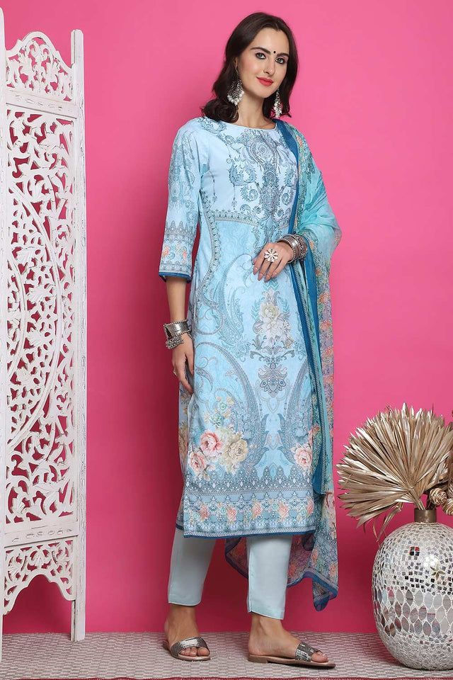 Turquoise Satin Digital Printed Kurti Pant Set