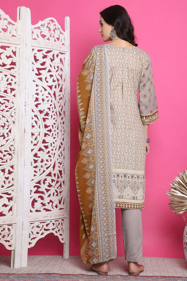 Grey Cotton Digital Printed Kurti Pant Set