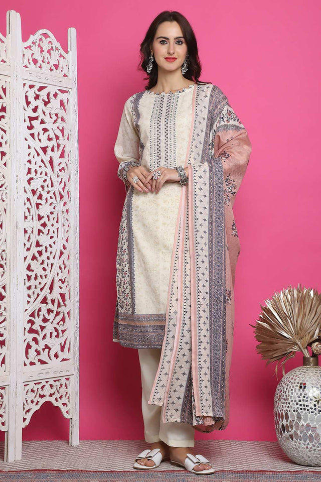 Cream Cotton Digital Printed Kurti Pant Set ('4327)