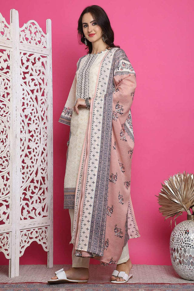 Cream Cotton Digital Printed Kurti Pant Set ('4327)