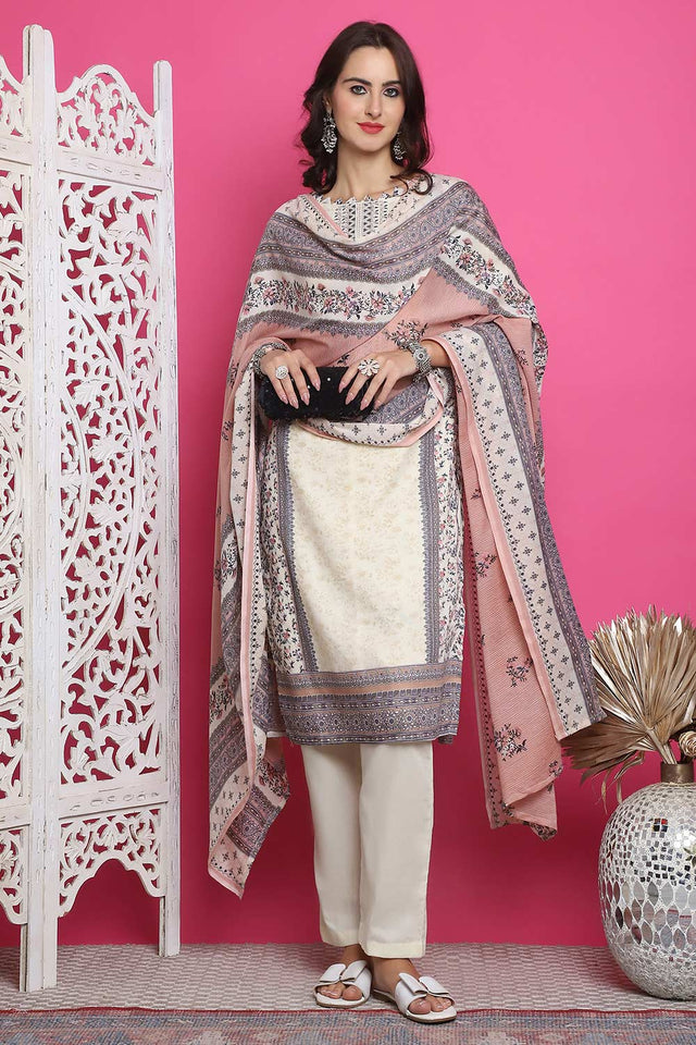 Cream Cotton Digital Printed Kurti Pant Set ('4327)
