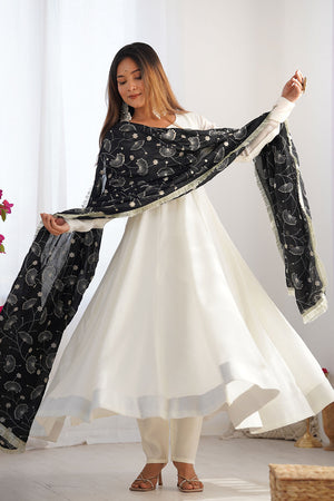 White Solid Silk Anarkali Gown Set