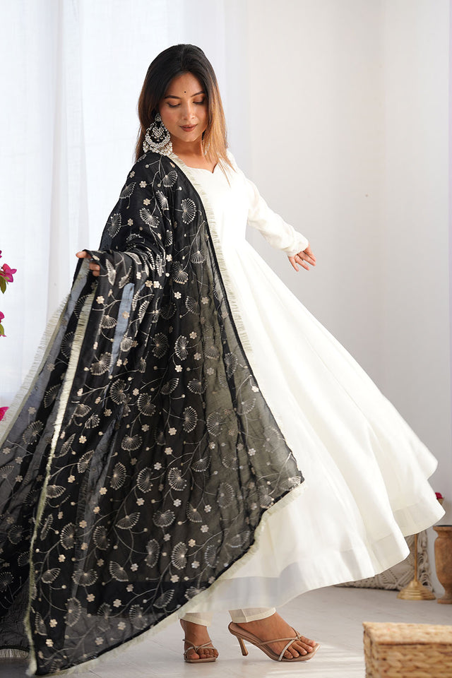 White Solid Silk Anarkali Gown Set