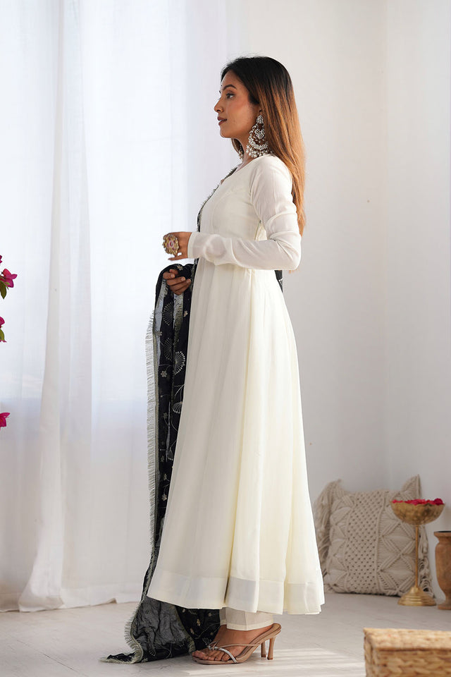 White Solid Silk Anarkali Gown Set