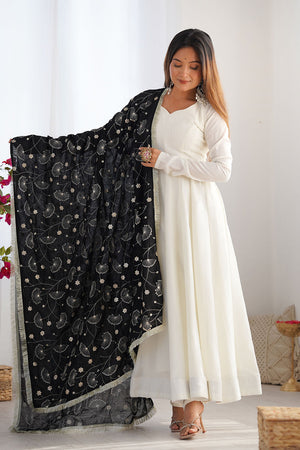 White Solid Silk Anarkali Gown Set