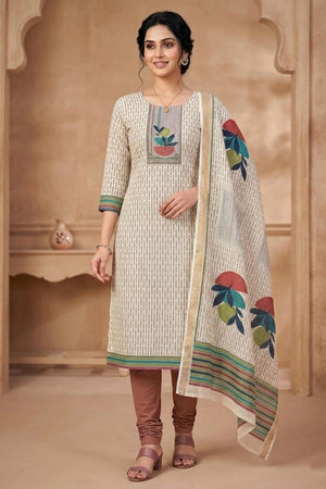 Free Size Stitched Beige Printed Linen Kurti Pant Set (4661)