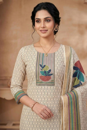 Free Size Stitched Beige Printed Linen Kurti Pant Set (4661)