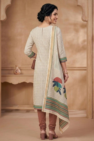 Free Size Stitched Beige Printed Linen Kurti Pant Set (4661)