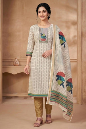 Free Size Stitched Beige Printed Linen Kurti Pant Set (4662)