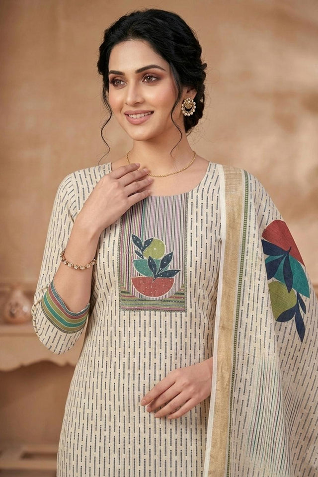 Free Size Stitched Beige Printed Linen Kurti Pant Set (4662)
