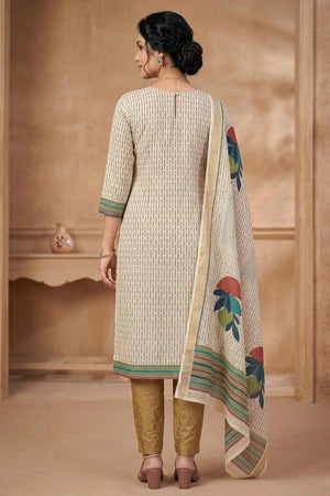 Free Size Stitched Beige Printed Linen Kurti Pant Set (4662)
