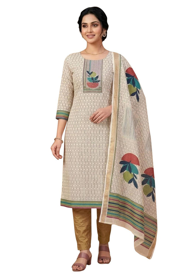 Free Size Stitched Beige Printed Linen Kurti Pant Set (4662)