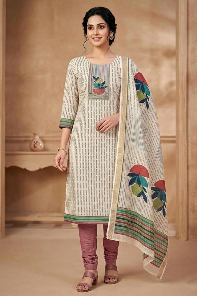 Free Size Stitched Beige Printed Linen Kurti Pant Set (4663)