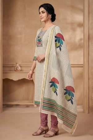 Free Size Stitched Beige Printed Linen Kurti Pant Set (4663)