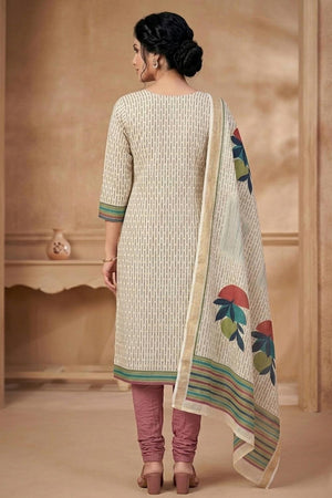 Free Size Stitched Beige Printed Linen Kurti Pant Set (4663)