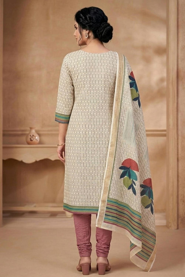 Free Size Stitched Beige Printed Linen Kurti Pant Set (4663)