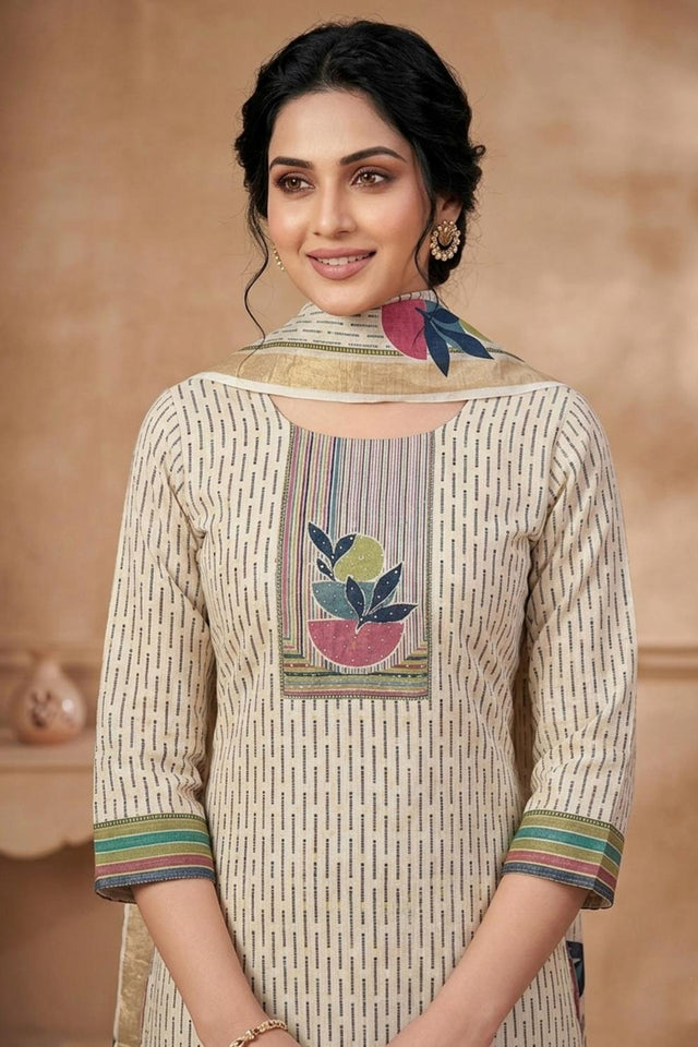 Free Size Stitched Beige Printed Linen Kurti Pant Set (4663)