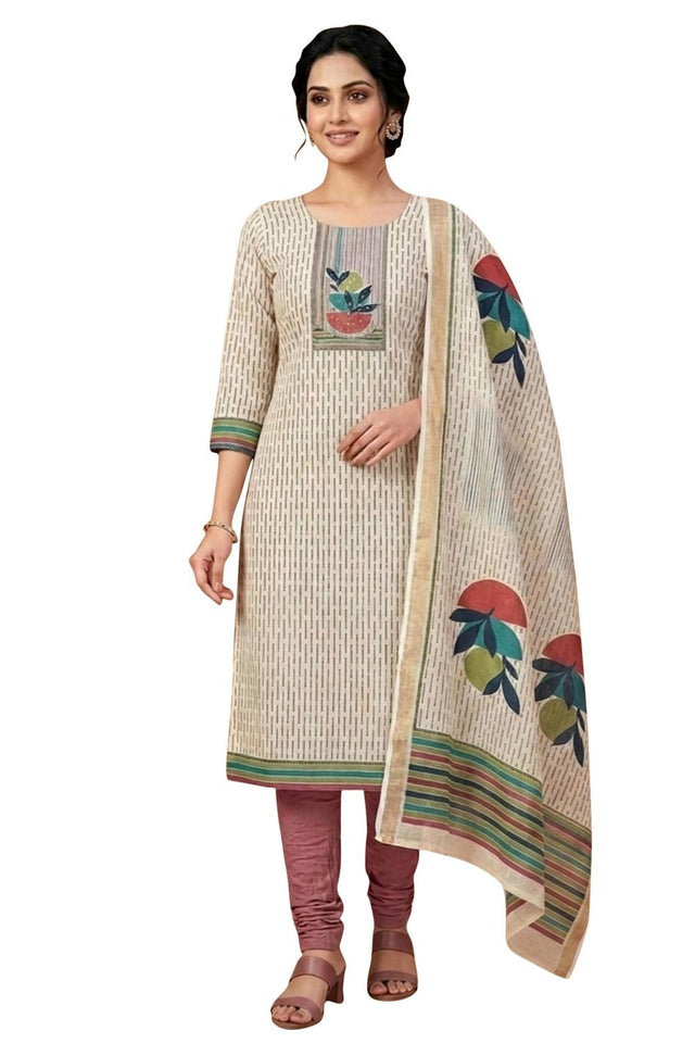 Free Size Stitched Beige Printed Linen Kurti Pant Set (4663)