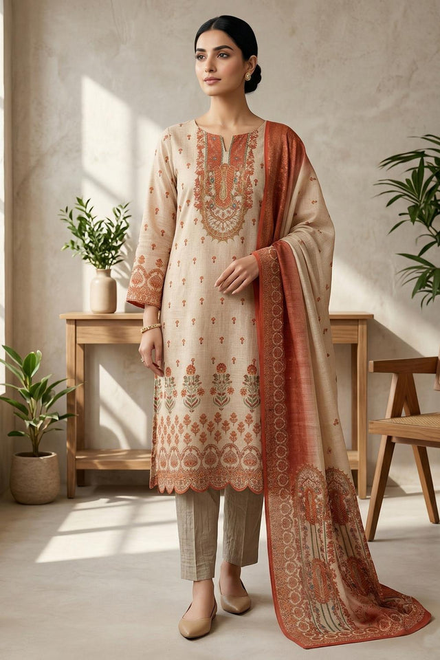 Free Size Stitched Peach Floral Printed Linen Kurti Pant Set (4667)