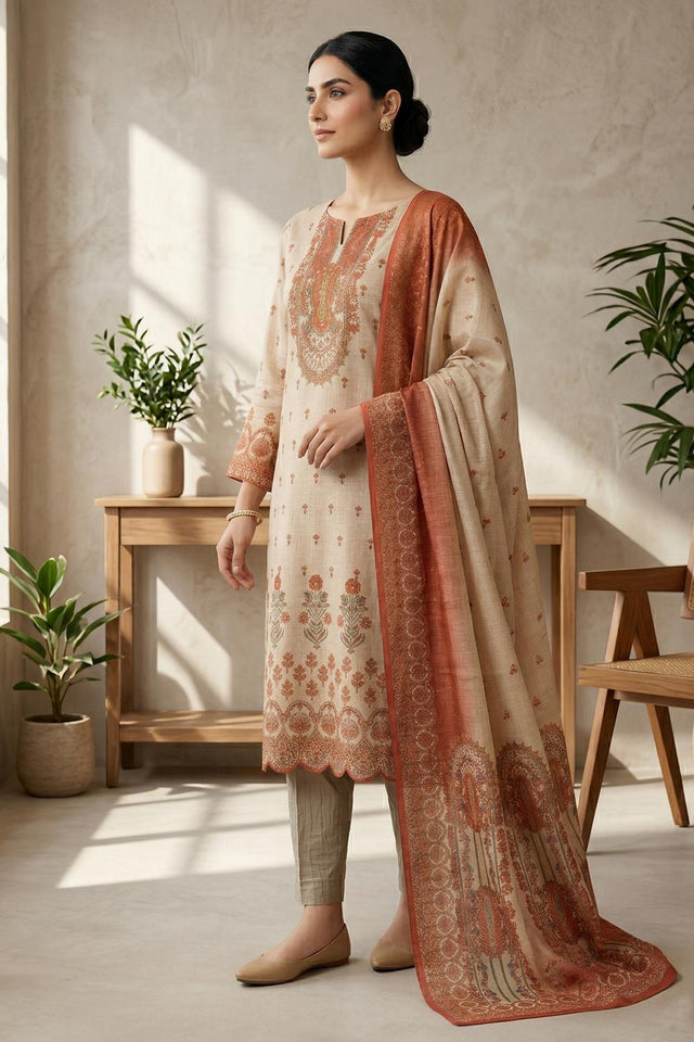 Free Size Stitched Peach Floral Printed Linen Kurti Pant Set (4667)