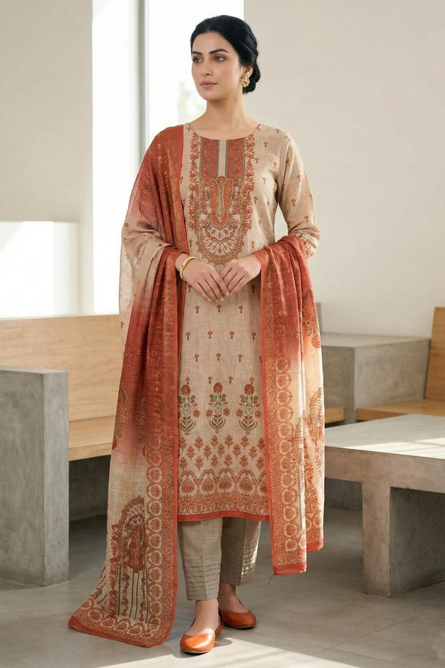 Free Size Stitched Peach Floral Printed Linen Kurti Pant Set (4667)