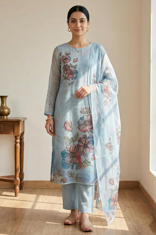 Free Size Stitched Sky Blue Floral Printed Linen Kurti Pant Set (4668)