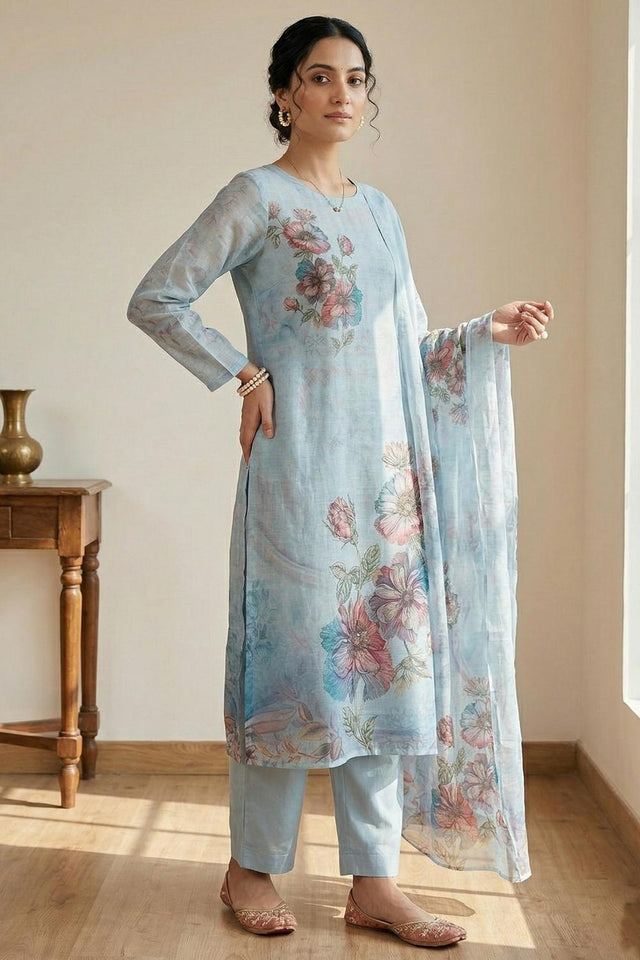 Free Size Stitched Sky Blue Floral Printed Linen Kurti Pant Set (4668)
