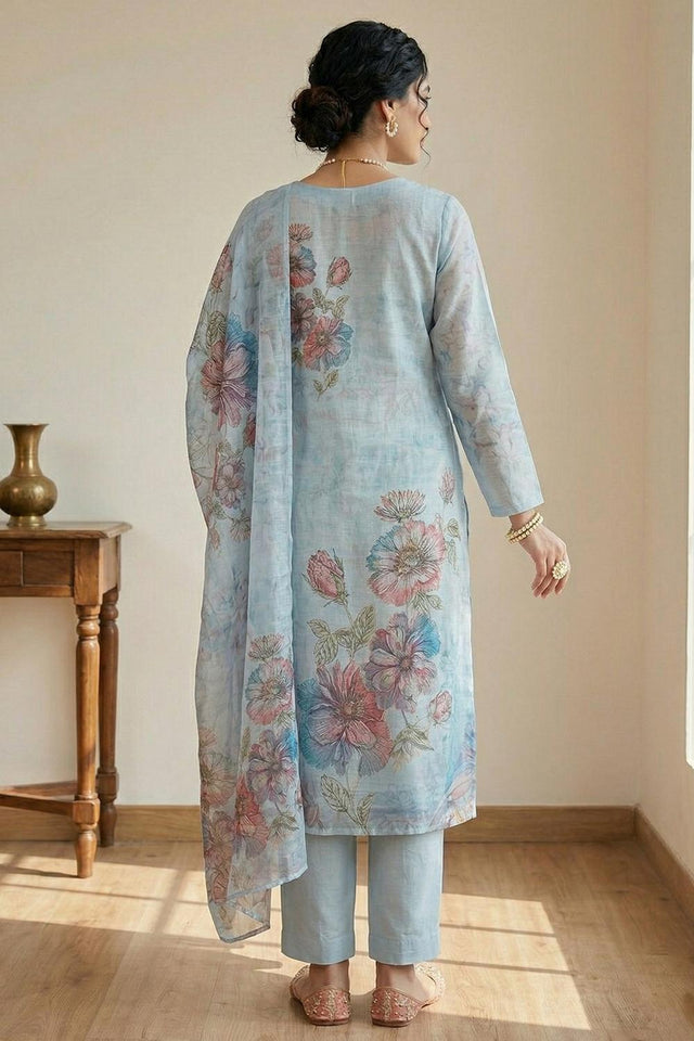 Free Size Stitched Sky Blue Floral Printed Linen Kurti Pant Set (4668)