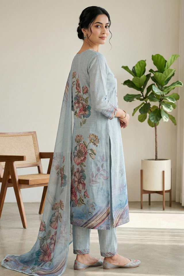 Free Size Stitched Sky Blue Floral Printed Linen Kurti Pant Set (4668)