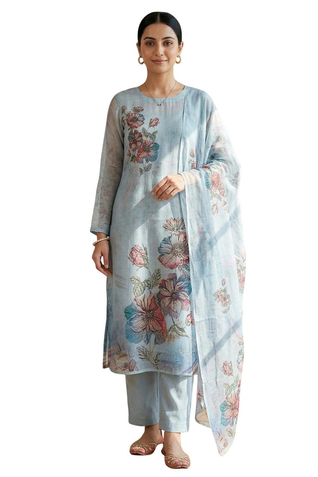 Free Size Stitched Sky Blue Floral Printed Linen Kurti Pant Set (4668)
