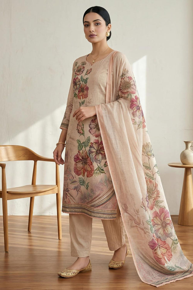Free Size Stitched Pink Floral Printed Linen Kurti Pant Set (4669)