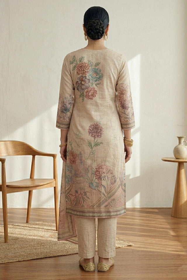 Free Size Stitched Pink Floral Printed Linen Kurti Pant Set (4669)