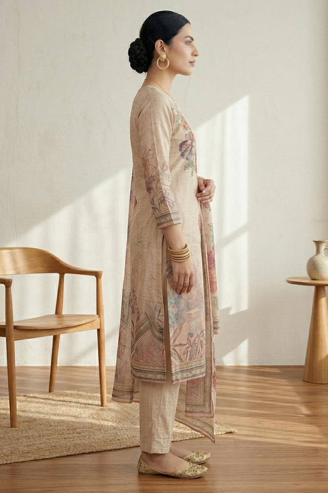 Free Size Stitched Pink Floral Printed Linen Kurti Pant Set (4669)