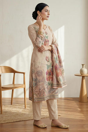 Free Size Stitched Pink Floral Printed Linen Kurti Pant Set (4669)
