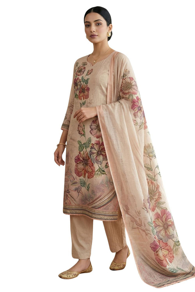 Free Size Stitched Pink Floral Printed Linen Kurti Pant Set (4669)