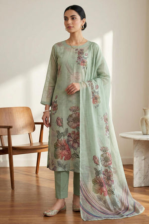 Free Size Stitched Green Floral Printed Linen Kurti Pant Set (4670)