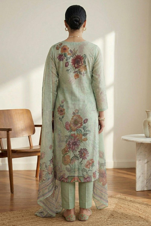 Free Size Stitched Green Floral Printed Linen Kurti Pant Set (4670)