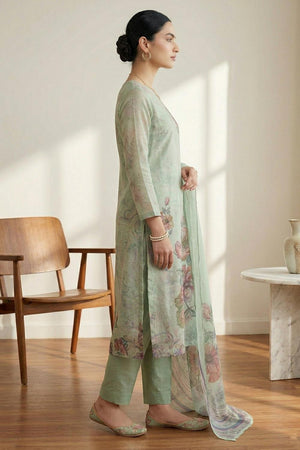 Free Size Stitched Green Floral Printed Linen Kurti Pant Set (4670)