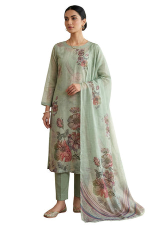 Free Size Stitched Green Floral Printed Linen Kurti Pant Set (4670)
