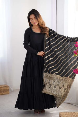 Black Solid Chanderi Anarkali Suit Set