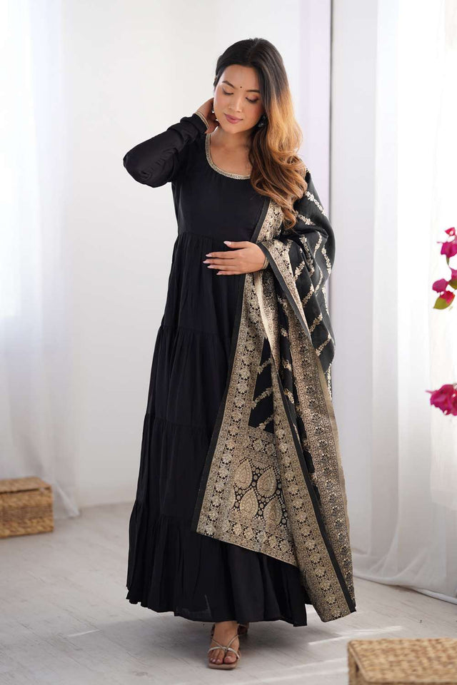 Black Solid Chanderi Anarkali Suit Set