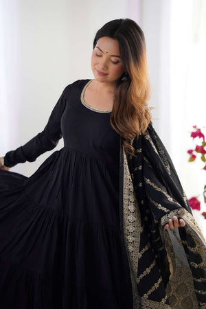 Black Solid Chanderi Anarkali Suit Set