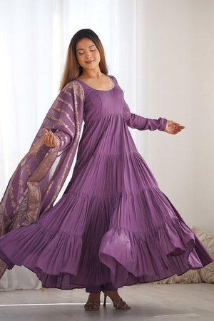 Mauve Solid Chanderi Anarkali Gown Set