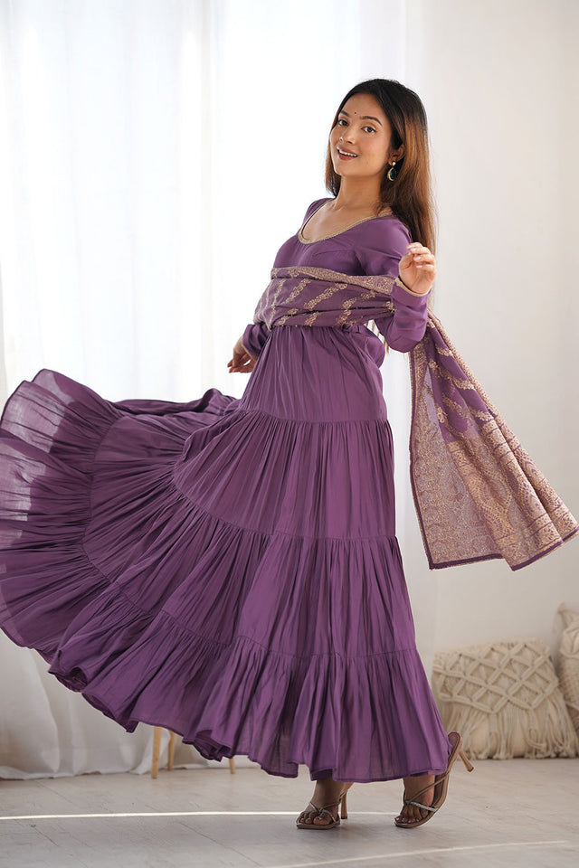 Mauve Solid Chanderi Anarkali Gown Set