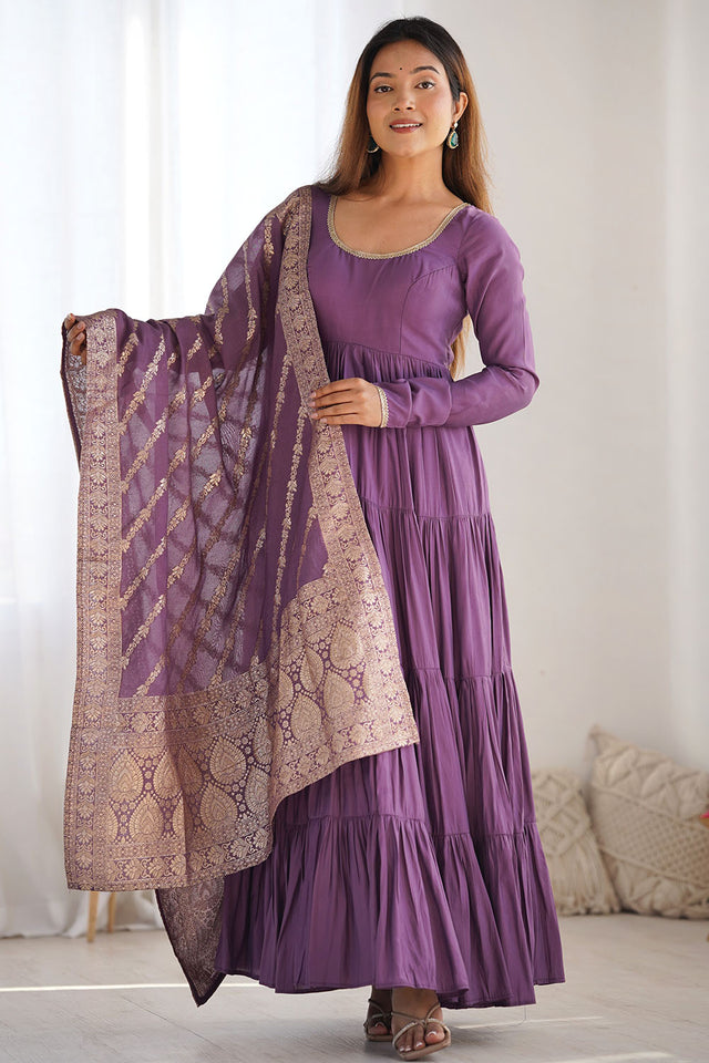 Mauve Solid Chanderi Anarkali Gown Set