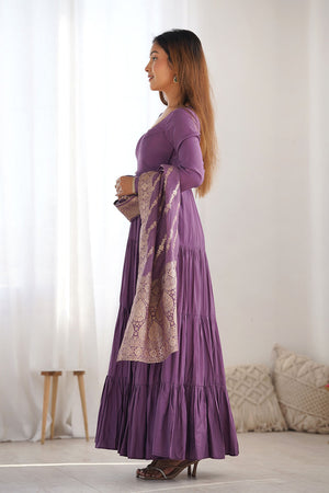 Mauve Solid Chanderi Anarkali Gown Set