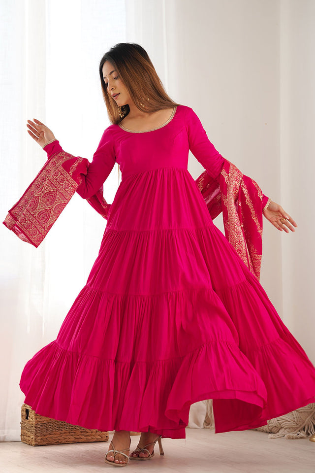 Pink Solid Chanderi Anarkali Gown Set