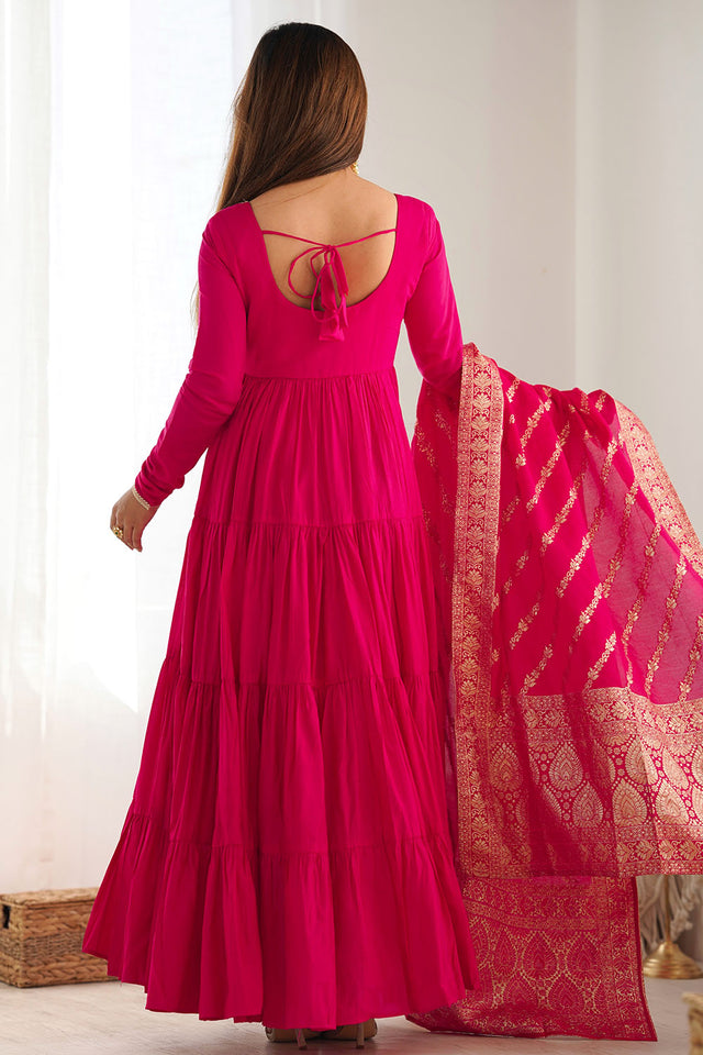 Pink Solid Chanderi Anarkali Gown Set