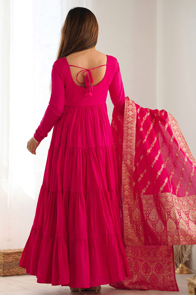 Pink Solid Chanderi Anarkali Gown Set
